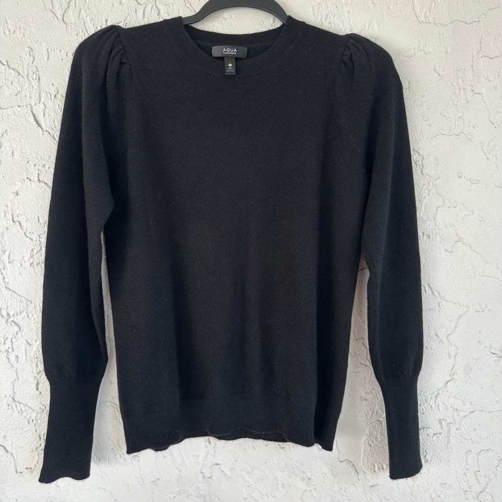 AQUA‎ Cashmere Black Puff Sleeve Crewneck Sweater 100% Cashmere Womens Small